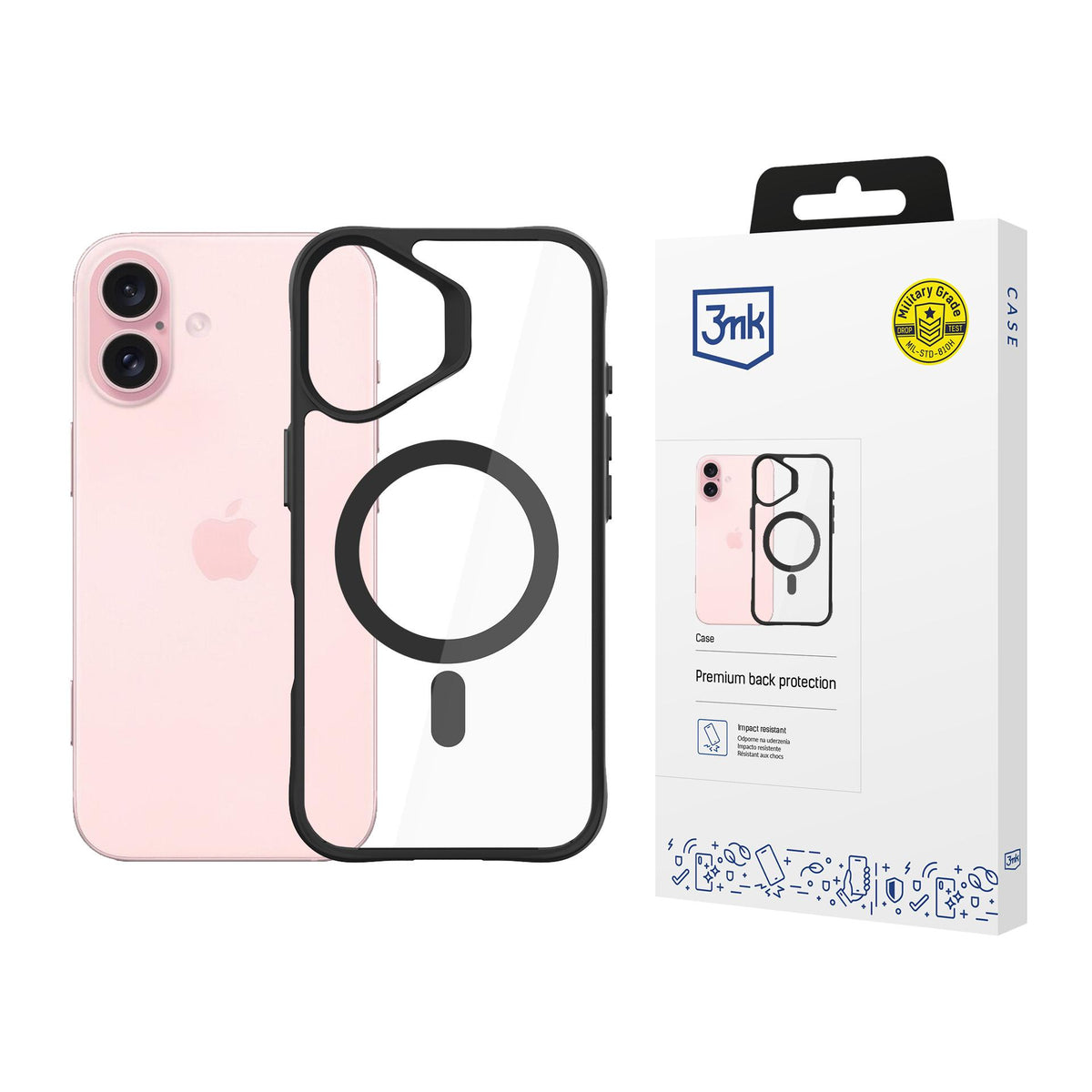 3mk Satin Armor MagCase su MagSafe, skirtas iPhone 16 – skaidrus su juodu rėmeliu