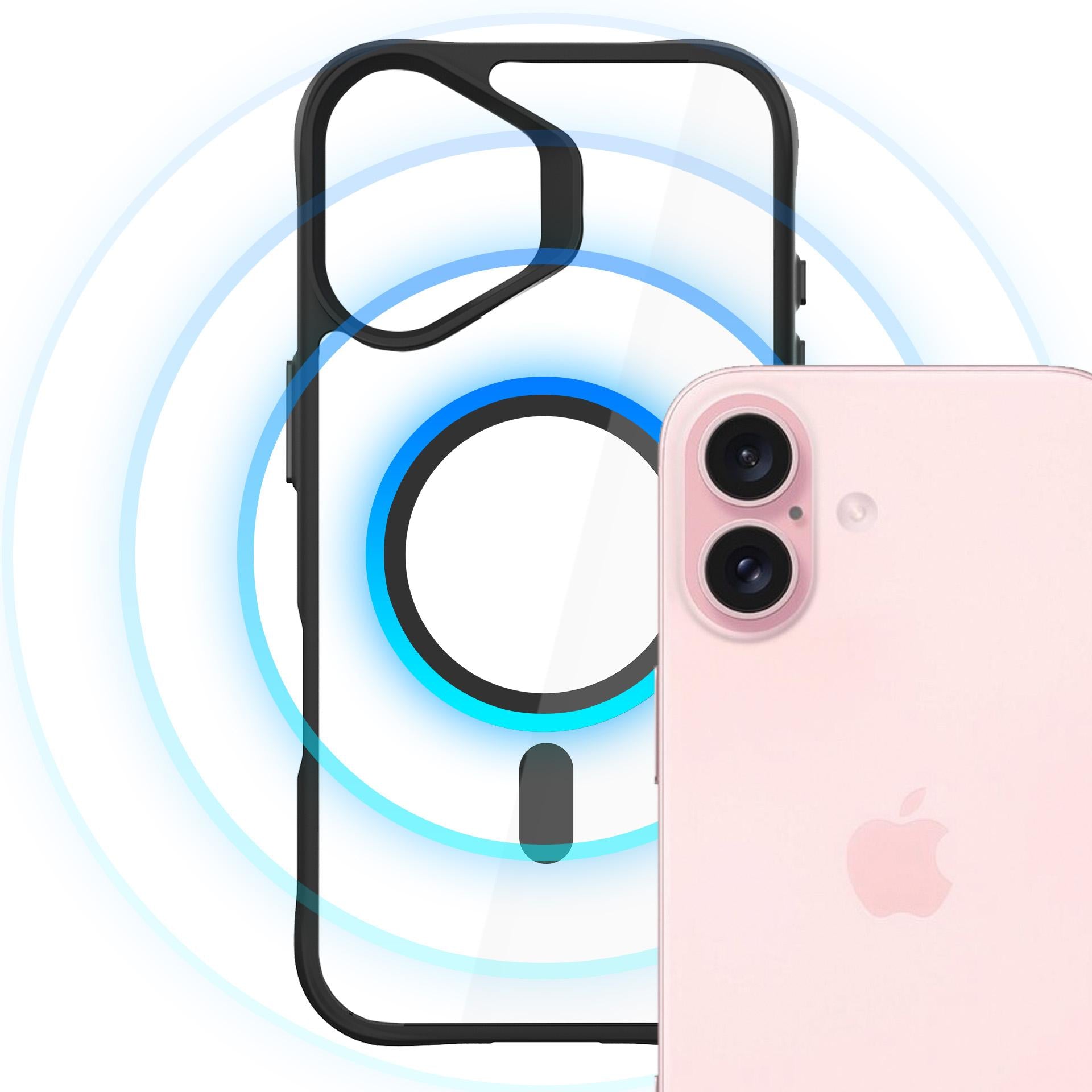 3mk Satin Armor MagCase su MagSafe, skirtas iPhone 16 – skaidrus su juodu rėmeliu