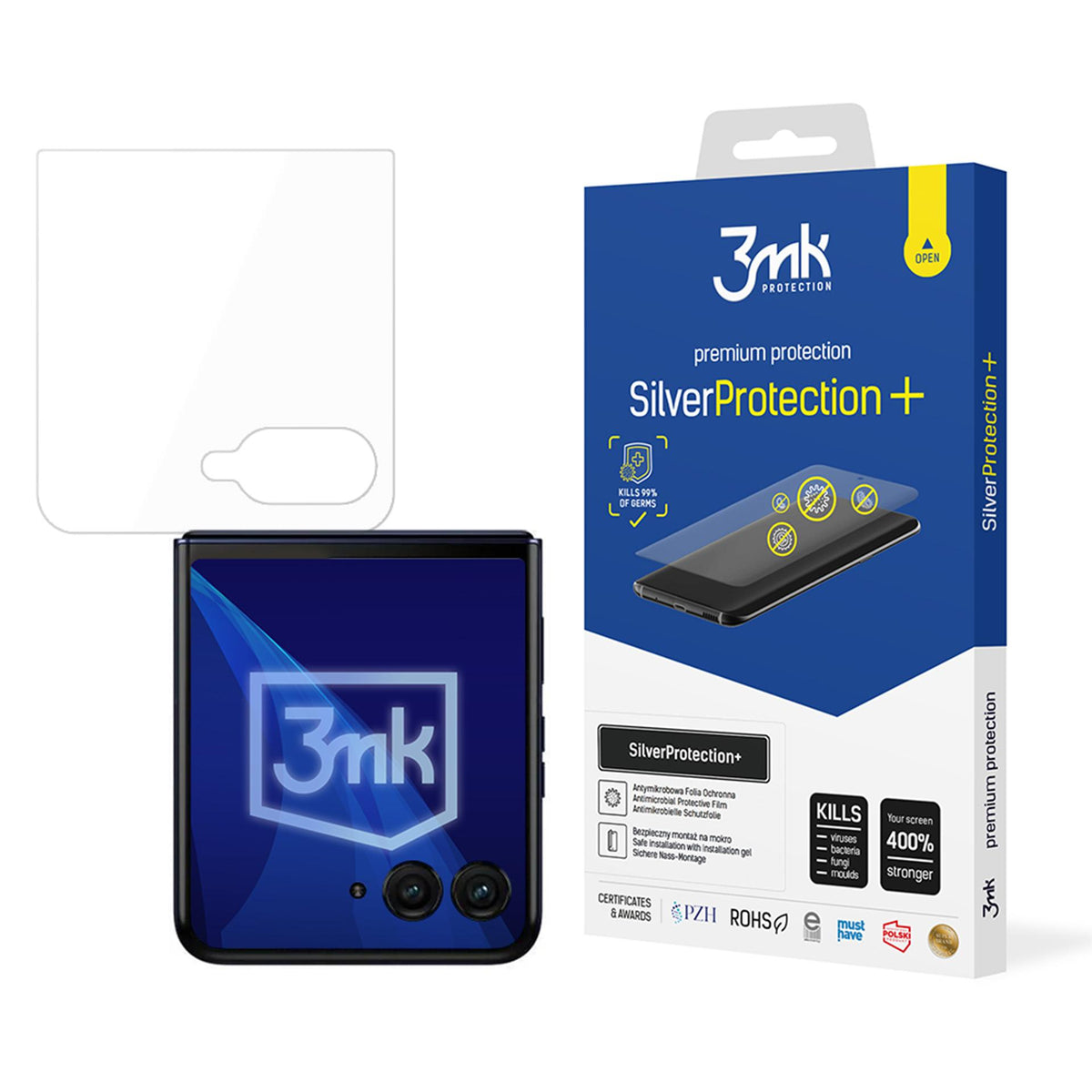 Antibakterinė apsauginė plėvelė 3mk SilverProtection+, skirta Motorola Razr 50 Ultra (priekyje) -- Motorola Razr 50 Ultra