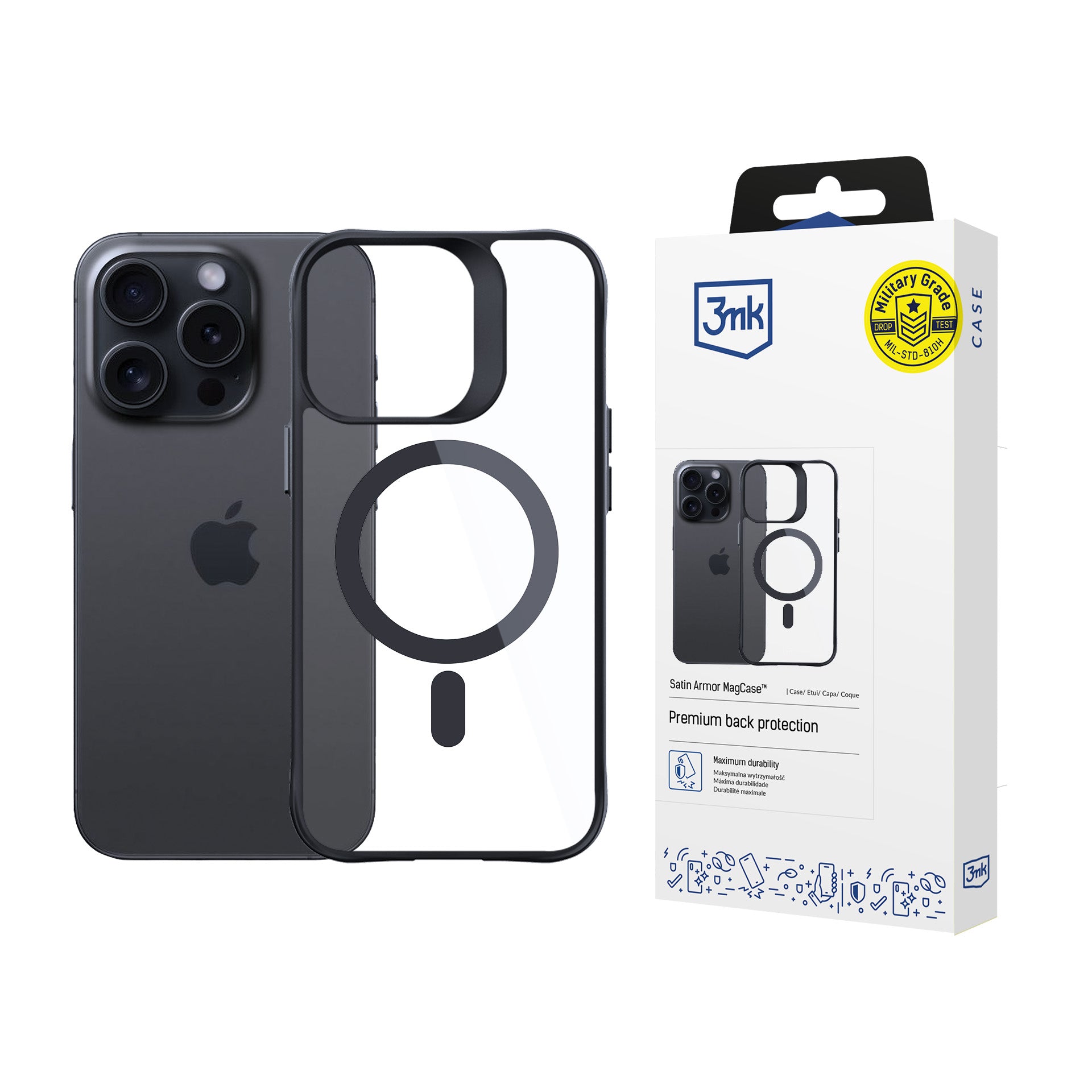 3mk satin armor magcase with MagSafe skirtas iPhone 15 Pro Max - Clear with Black Frame