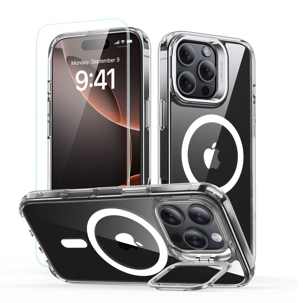 ESR MagSafe dėklas su stovu iPhone 16 Pro + stiklas, skaidrus -- iPhone 16 Pro