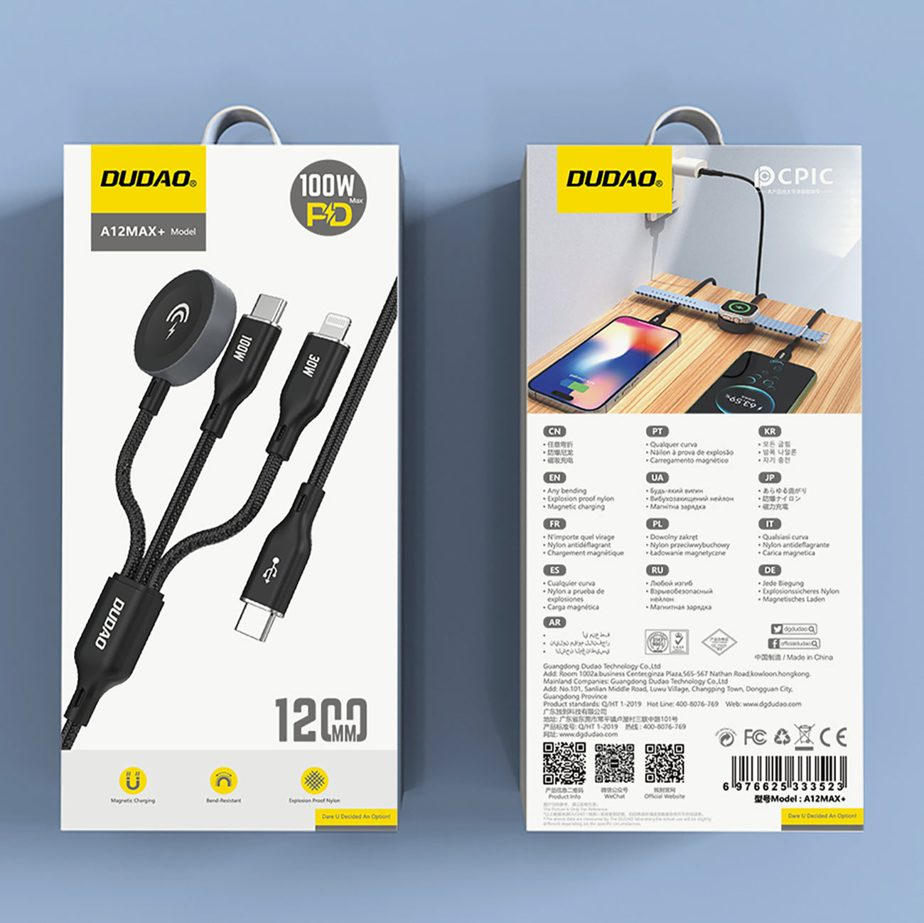 Apple Watch Dudao A12Max+ PD 100W 3in1 įkrovimo laidas: USB-C Lightning 1.2m - juodas
