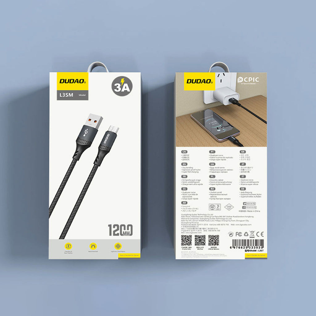 Dudao L3SM USB-A - MicroUSB 3A 1.2m pintas laidas - juodas