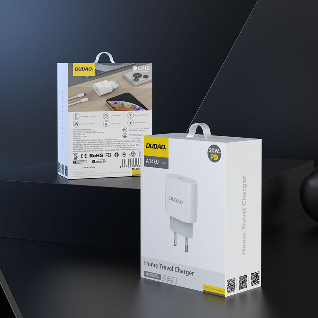 Dudao A14EUC PD 20W USB-C sieninis įkroviklis su laidu - baltas