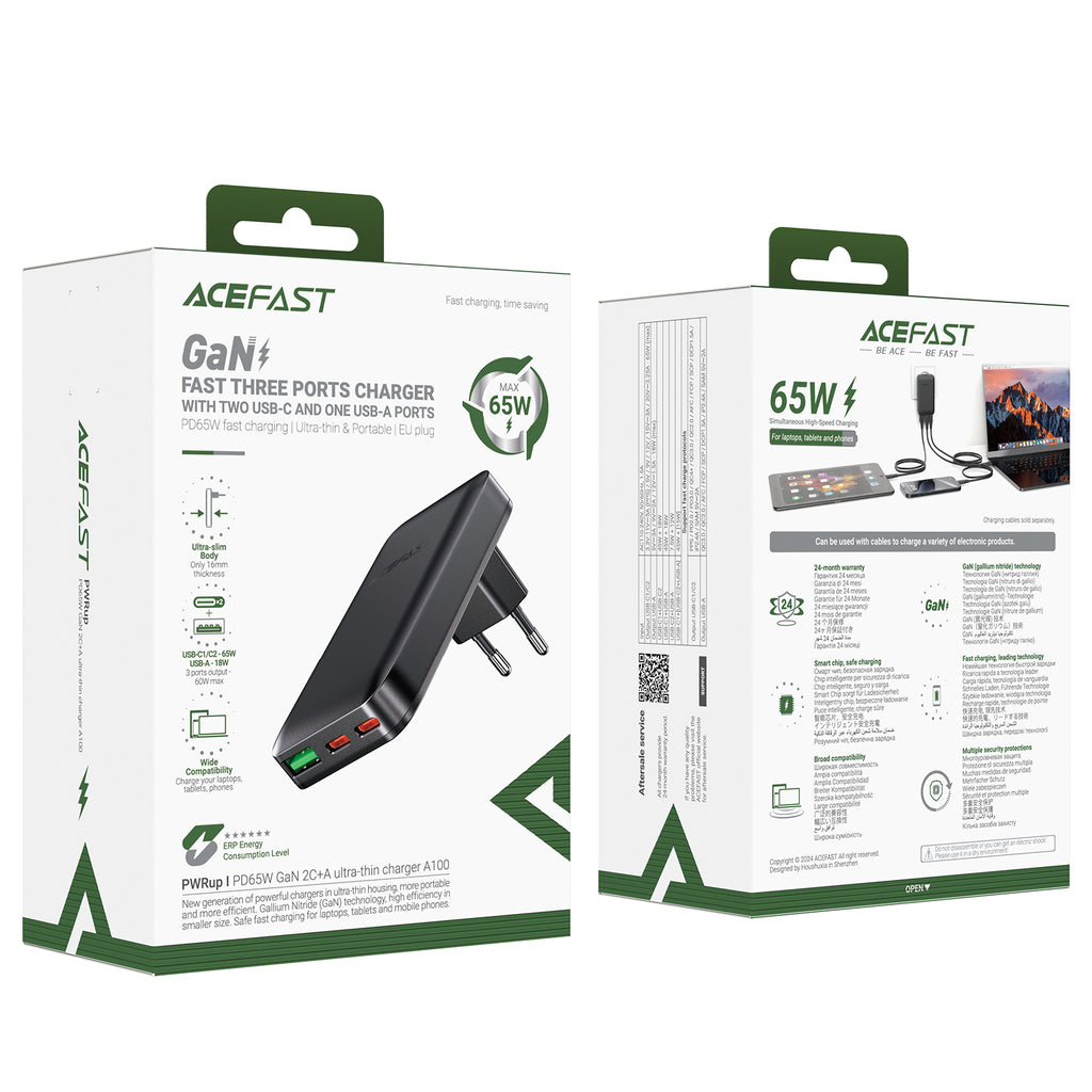 Acefast A100 65W GaN 2 USB-C+ USB-A įkroviklis Ultra Slim - juodas
