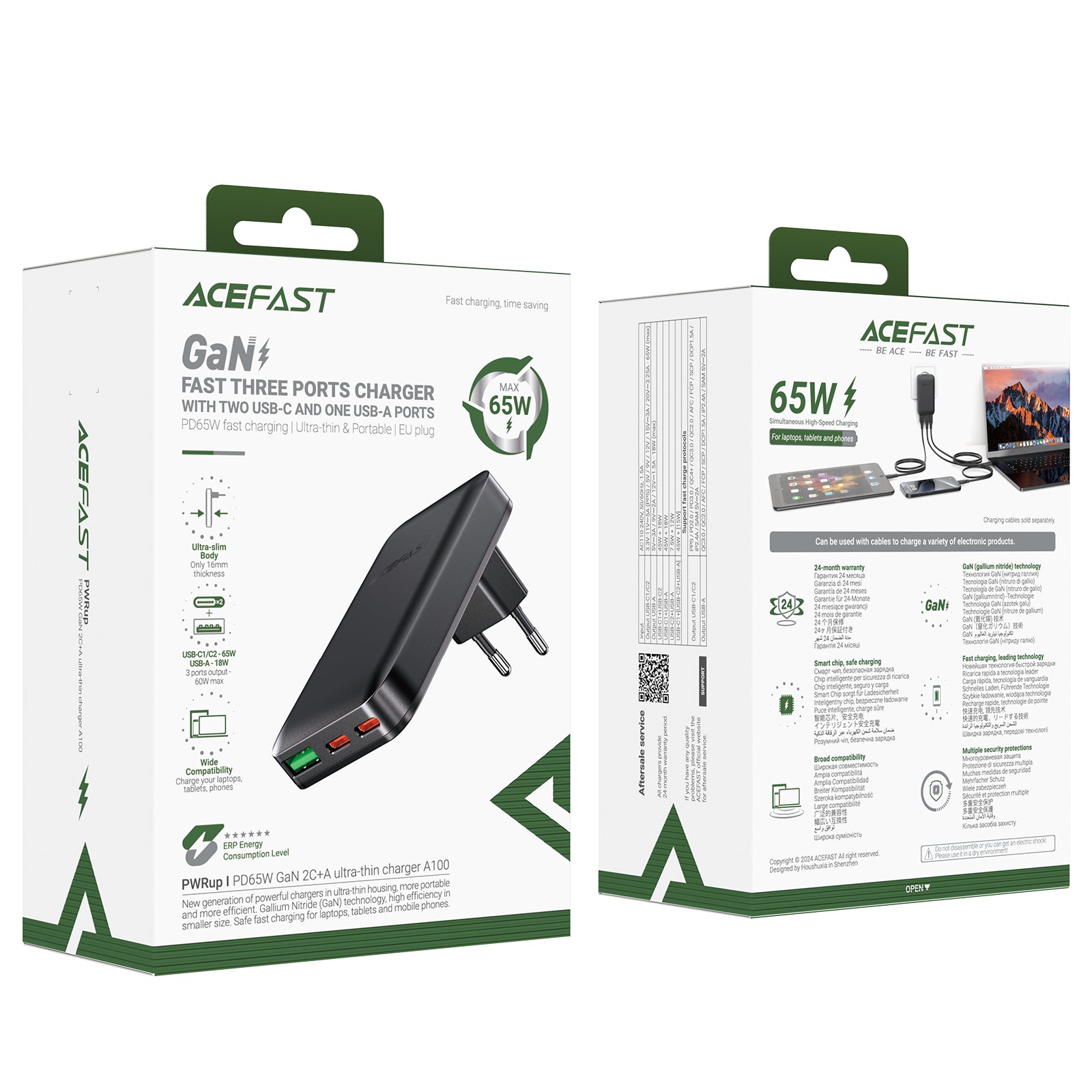 Acefast A100 65W GaN 2 USB-C+ USB-A įkroviklis Ultra Slim - juodas