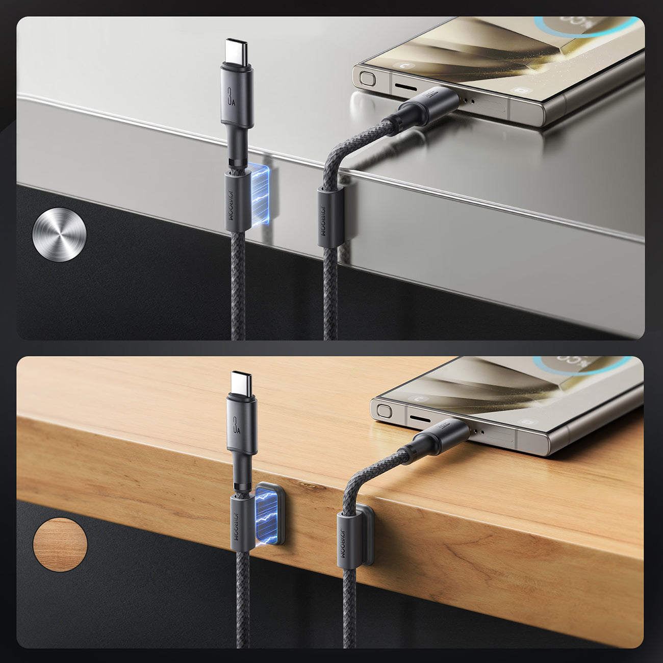 Joyroom S-A50 Unlimited Series 3A USB-A - USB-C laidas su magnetiniu organizatoriumi 1.2m - pilkas