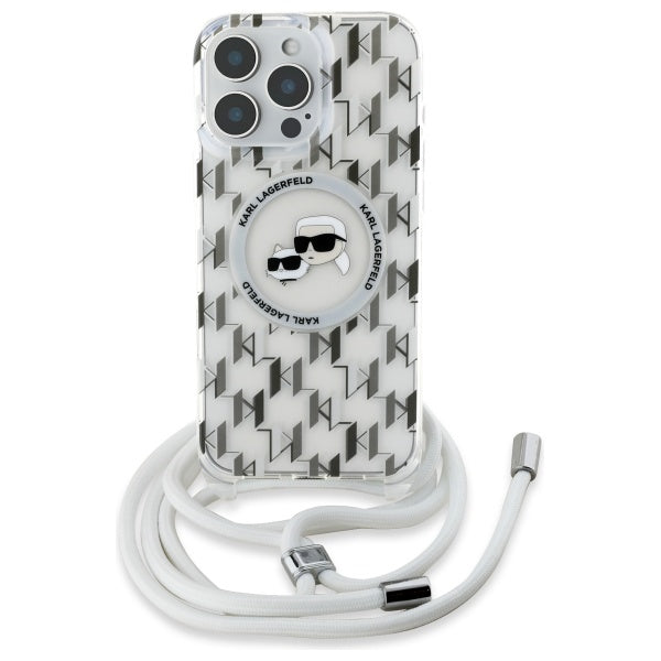 Karl Lagerfeld MagSafe dėklas iPhone 16 Pro – skaidrus su dirželiu