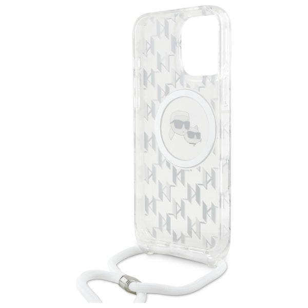 Karl Lagerfeld MagSafe dėklas iPhone 16 Pro – skaidrus su dirželiu