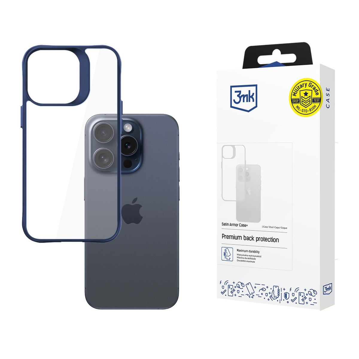 3mk Satin Armor Case+ Blue, skirtas Apple iPhone 15 Pro Max – skaidrus