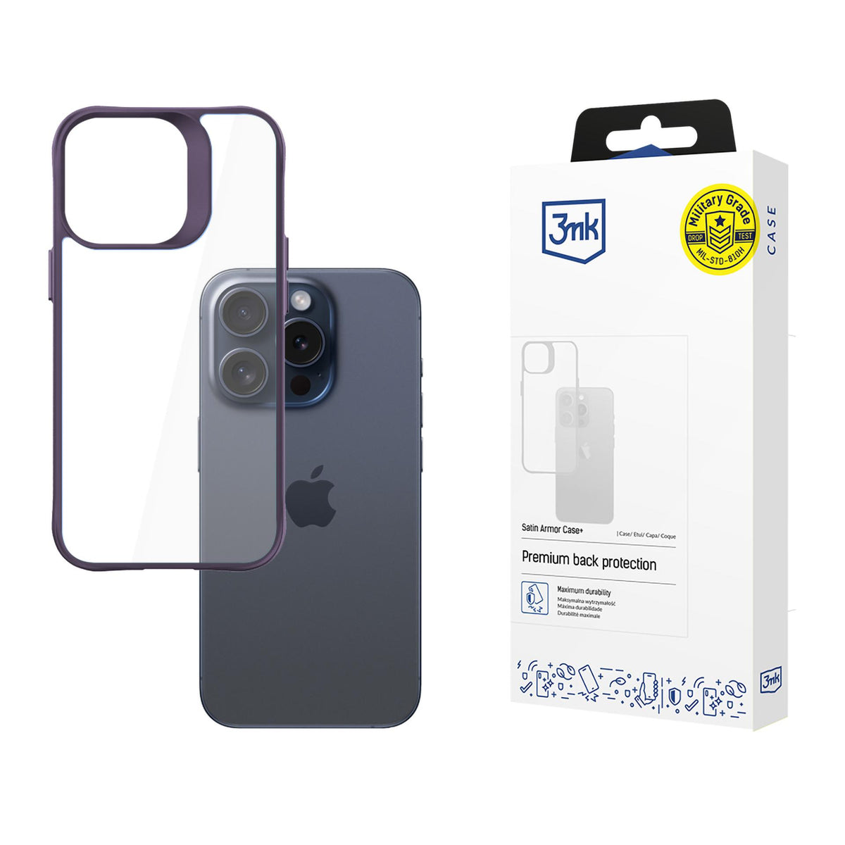 3mk Satin Armor Case+ violetinė spalva Apple iPhone 15 Pro - skaidri -- iPhone 15 Pro