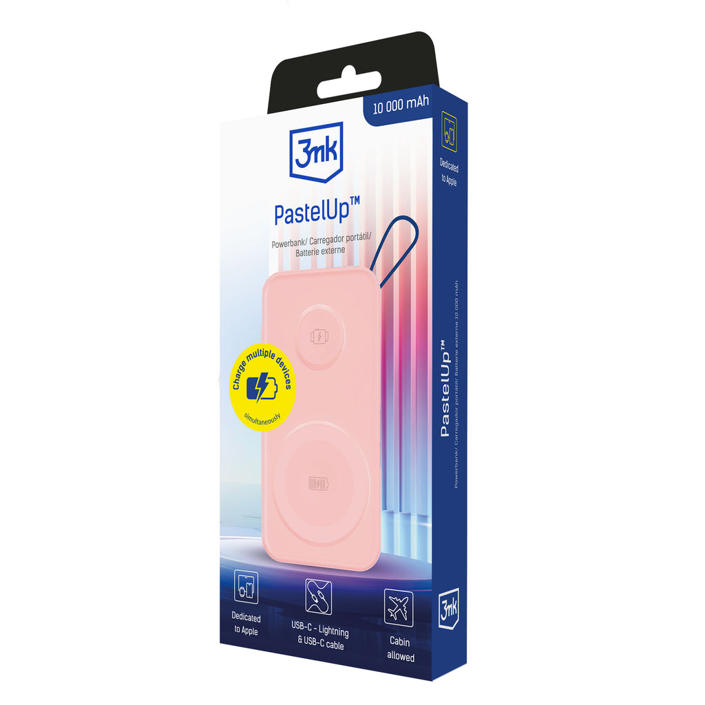 3mk išorinė baterija PastelUp 10,000mAh 22.5W USB 1A1C - rožinė