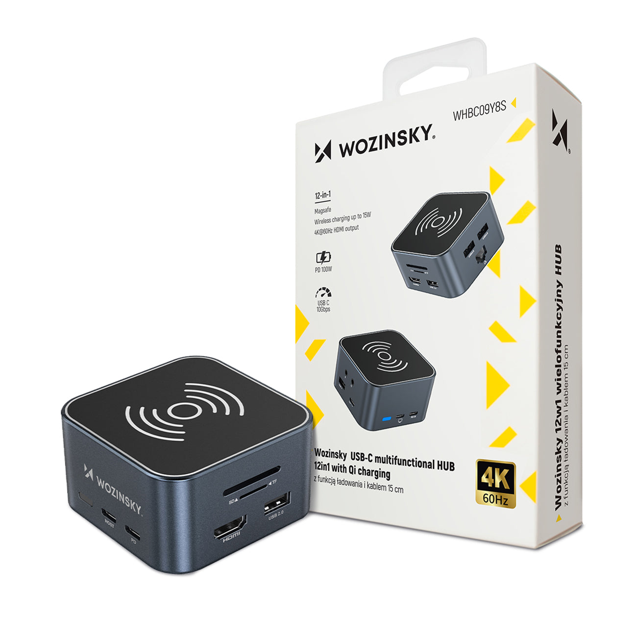 USB-C šalunas 12 in 1 Wozinsky WHBC09Y8S multifunkcinis, su belaide įkrovimo funkcija, aliuminis, su 15 cm kabeliu -...