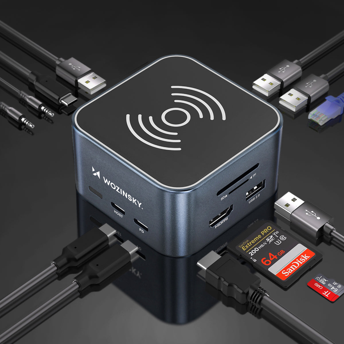 USB-C šalunas 12 in 1 Wozinsky WHBC09Y8S multifunkcinis, su belaide įkrovimo funkcija, aliuminis, su 15 cm kabeliu -...