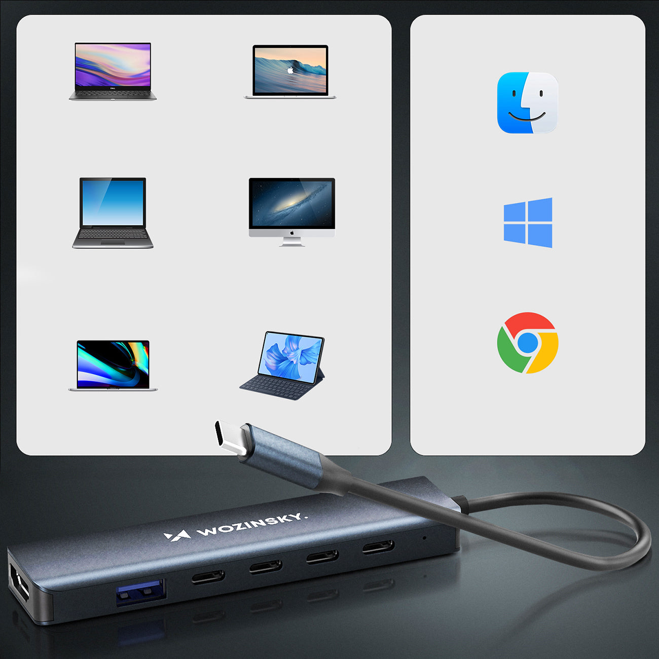 USB-C 6 in 1 Hub Wozinsky WHBC10Y4S daugiafunkcinis, aliuminis, su 25 cm kabeliu - pilkas -- USB Hubs