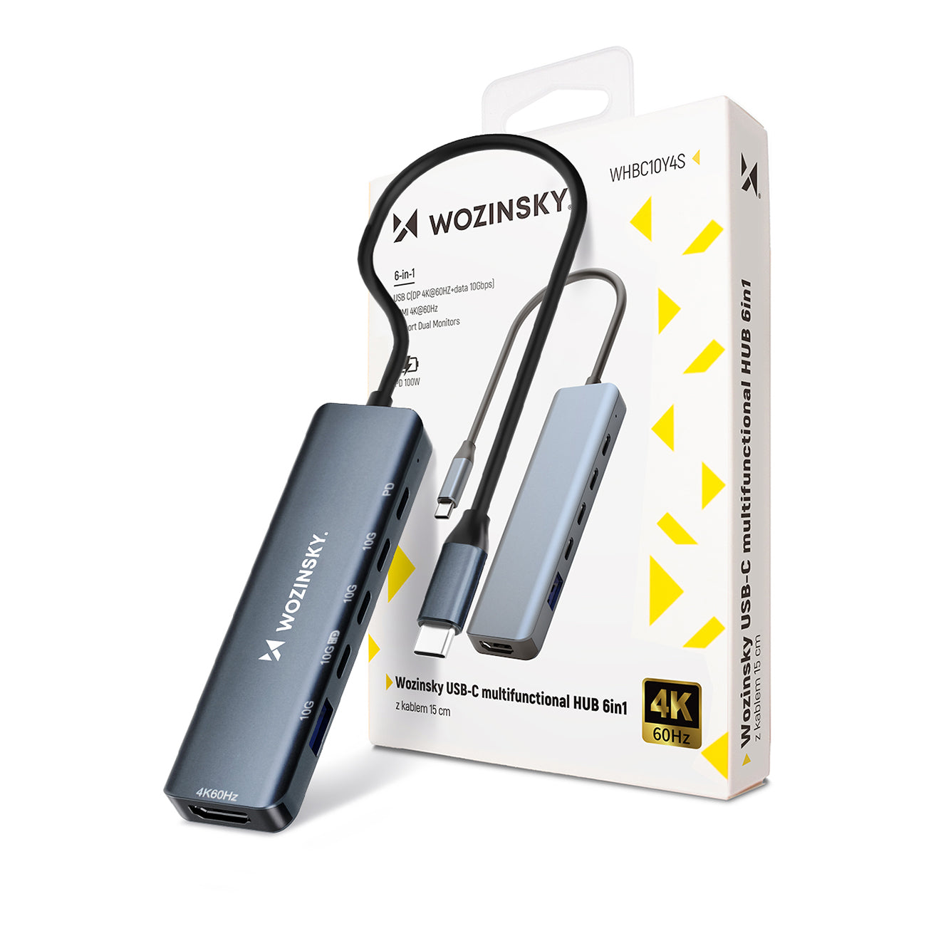 USB-C 6 in 1 Hub Wozinsky WHBC10Y4S daugiafunkcinis, aliuminis, su 25 cm kabeliu - pilkas -- USB Hubs