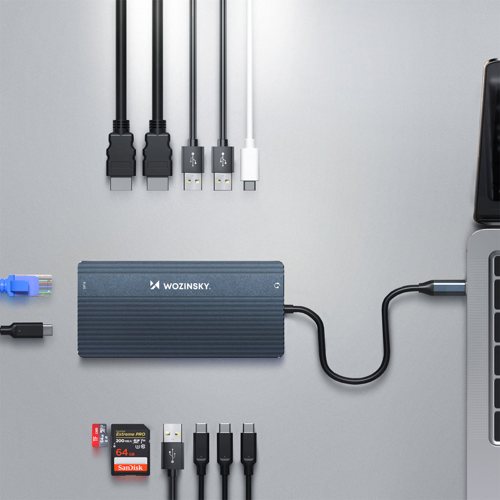 USB-C Hub 14 in 1 Wozinsky WDS03Y5S daugiafunkcinis, aliuminis, 3 monitoriams, su 15 cm kabeliu - pilkas -- USB Hubs