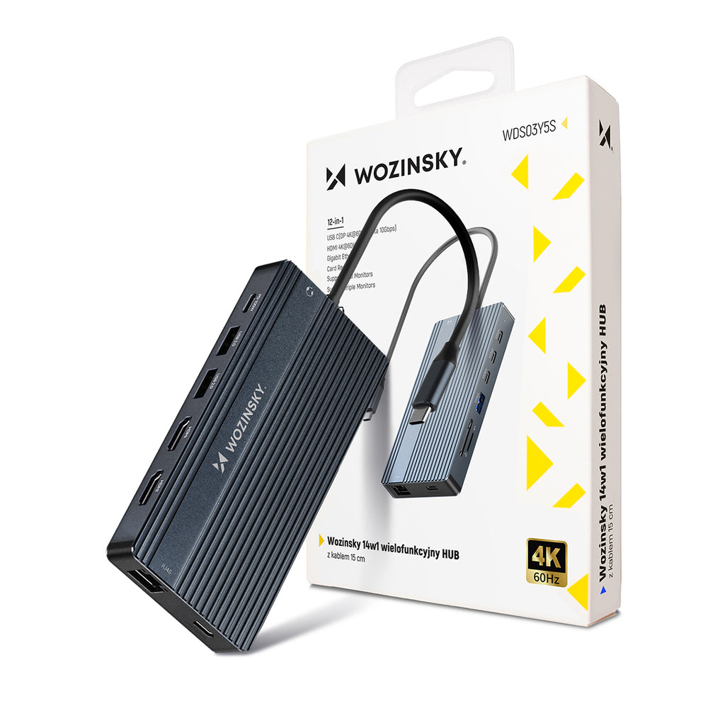 USB-C Hub 14 in 1 Wozinsky WDS03Y5S daugiafunkcinis, aliuminis, 3 monitoriams, su 15 cm kabeliu - pilkas -- USB Hubs