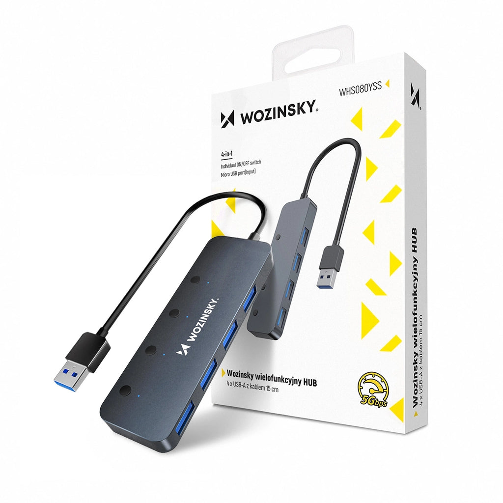 USB-A Hub Wozinsky WHS080YSS 4 x USB-A 3.0 su atskirais jungikliais, aliuminis, su 30 cm kabeliu - pilkas -- USB Hubs