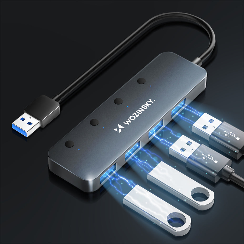 USB-A Hub Wozinsky WHS080YSS 4 x USB-A 3.0 su atskirais jungikliais, aliuminis, su 30 cm kabeliu - pilkas -- USB Hubs