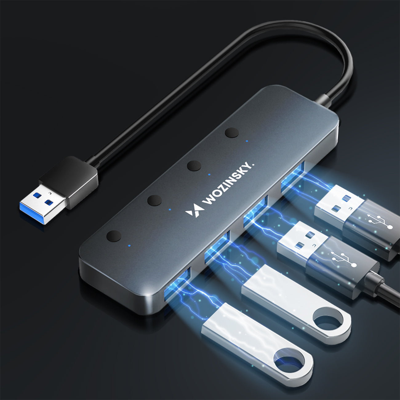 USB-A Hub Wozinsky WHS080YSS 4 x USB-A 3.0 su atskirais jungikliais, aliuminis, su 30 cm kabeliu - pilkas -- USB Hubs