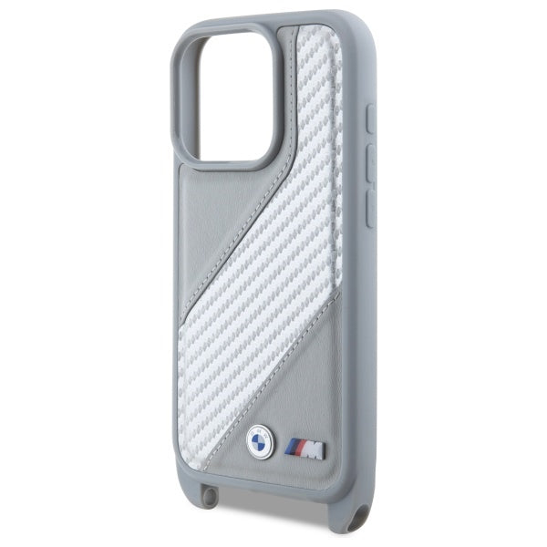 BMW M Carbon Stripe dėklas iPhone 16 Pro su dirželiu – pilkas