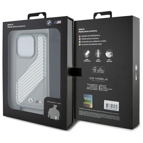 BMW M Carbon Stripe dėklas iPhone 16 Pro su dirželiu – pilkas