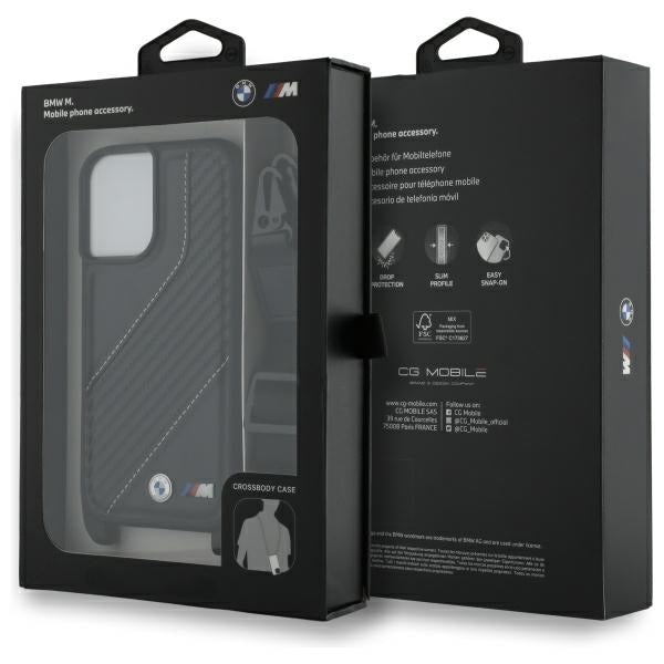 BMW M Edition Carbon Stripe & Strap dėklas iPhone 16 Plus – juodas