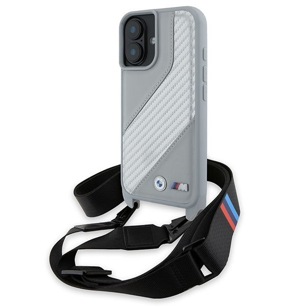 BMW M Edition Carbon Stripe & Strap dėklas iPhone 16 – pilkas