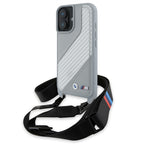 BMW M Edition Carbon Stripe & Strap dėklas iPhone 16 – pilkas