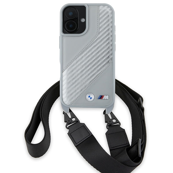 BMW M Edition Carbon Stripe & Strap dėklas iPhone 16 – pilkas