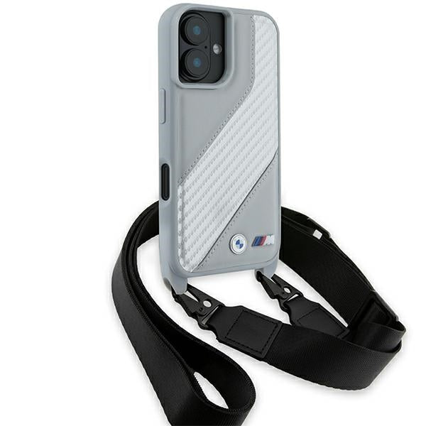 BMW M Edition Carbon Stripe & Strap dėklas iPhone 16 – pilkas