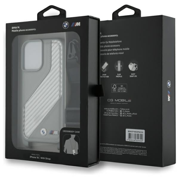 BMW M Edition Carbon Stripe & Strap dėklas iPhone 16 – pilkas