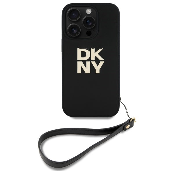 DKNY dėklas iPhone 16 Pro Max su riešo dirželiu – juodas