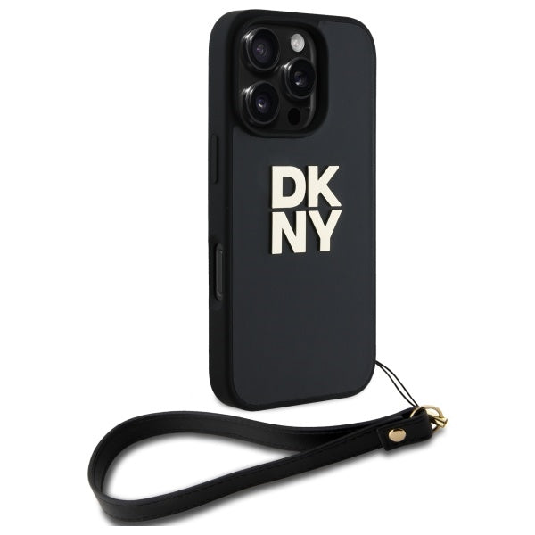 DKNY dėklas iPhone 16 Pro Max su riešo dirželiu – juodas