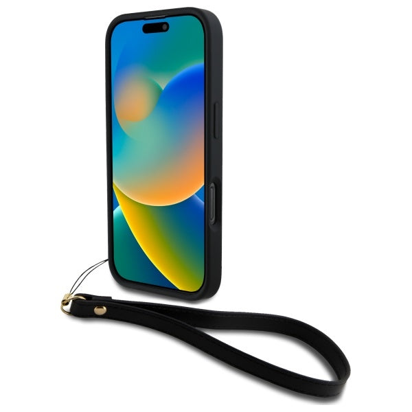 DKNY dėklas iPhone 16 Pro Max su riešo dirželiu – juodas