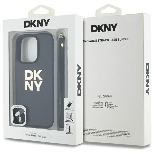 DKNY dėklas iPhone 16 Pro Max su riešo dirželiu – juodas