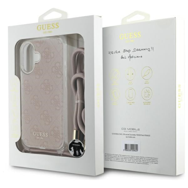 Guess Crossbody Cord 4G Print dėklas iPhone 16 – rožinis -- iPhone 16