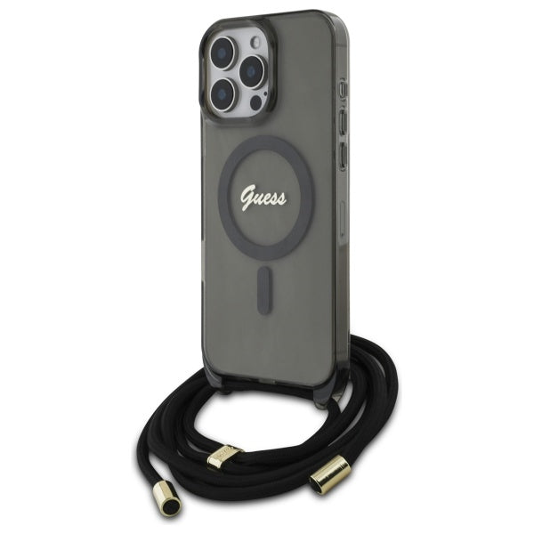 Guess MagSafe dėklas iPhone 16 Pro – juodas, su dirželiu