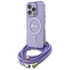 Guess Crossbody Cord Script MagSafe dėklas iPhone 16 Pro – violetinis