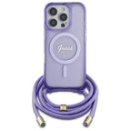 Guess Crossbody Cord Script MagSafe dėklas iPhone 16 Pro – violetinis