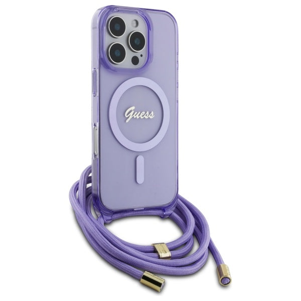 Guess Crossbody Cord Script MagSafe dėklas iPhone 16 Pro – violetinis