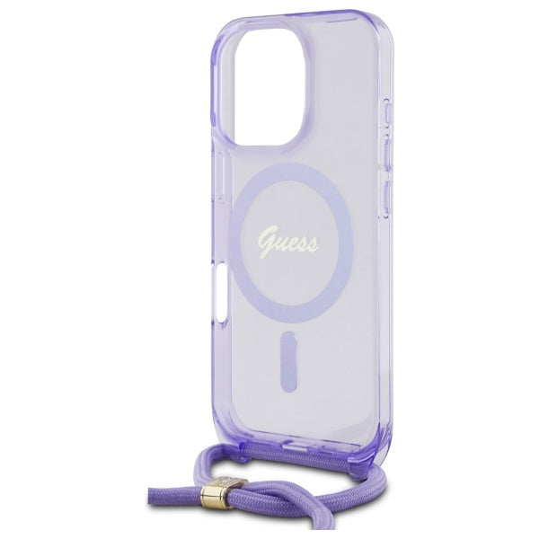 Guess Crossbody Cord Script MagSafe dėklas iPhone 16 Pro – violetinis