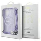 Guess Crossbody Cord Script MagSafe dėklas iPhone 16 Pro – violetinis