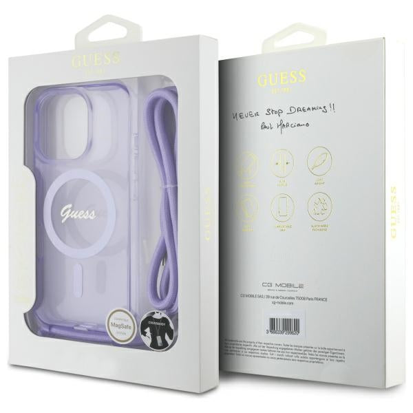Guess Crossbody Cord Script MagSafe dėklas iPhone 16 Pro – violetinis