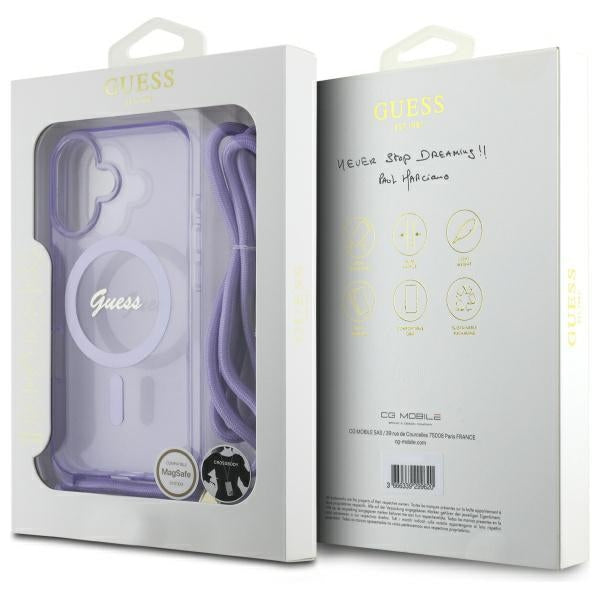 Guess Crossbody MagSafe dėklas iPhone 16 – violetinis