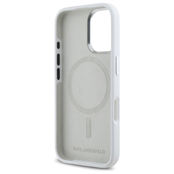 Karl Lagerfeld silikoninis MagSafe dėklas iPhone 16 – baltas