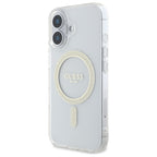 Guess MagSafe dėklas iPhone 16 Plus – skaidrus su blizgučiais