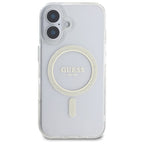 Guess MagSafe dėklas iPhone 16 Plus – skaidrus su blizgučiais