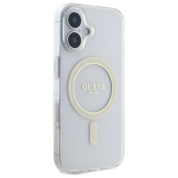 Guess MagSafe dėklas iPhone 16 Plus – skaidrus su blizgučiais